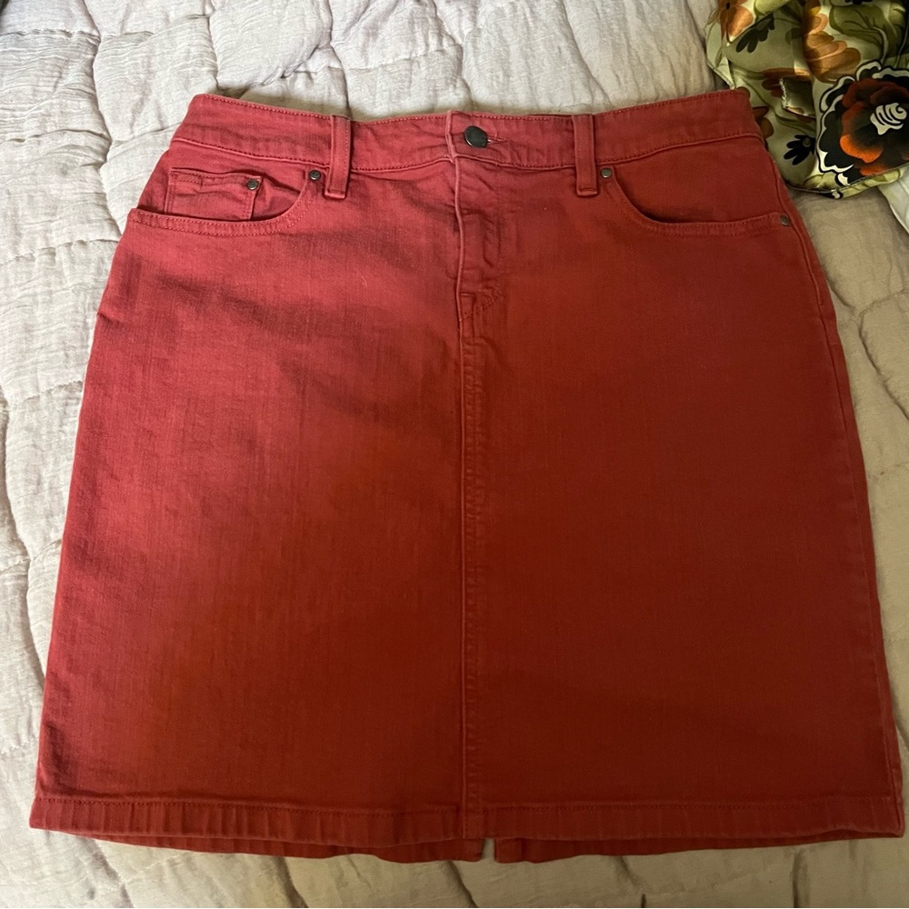 L.L. Bean cranberry red jean skirt